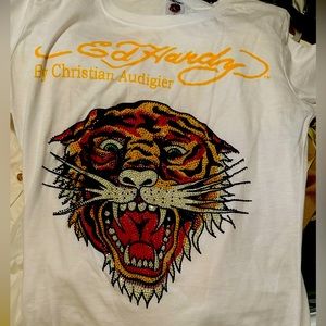 Vintage Ed Hardy/ Audigier white short sleeve rhinestone tee never worn!